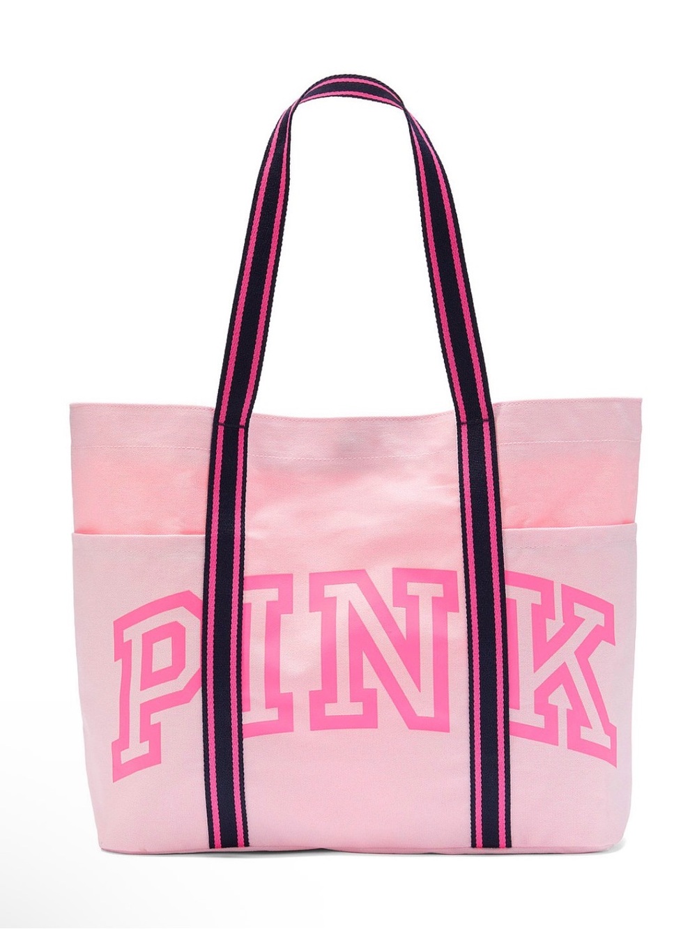PINK Victoria's Secret Light Pink Tote with Hot Pink Logo and Striped Handles - Picture 2 of 3